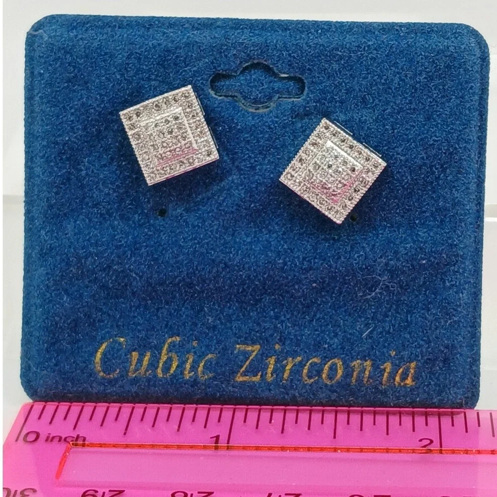 Vintage 1990s Square Micro Pave Cubic Zirconia Stud Earrings Silver‎ Tone Rare